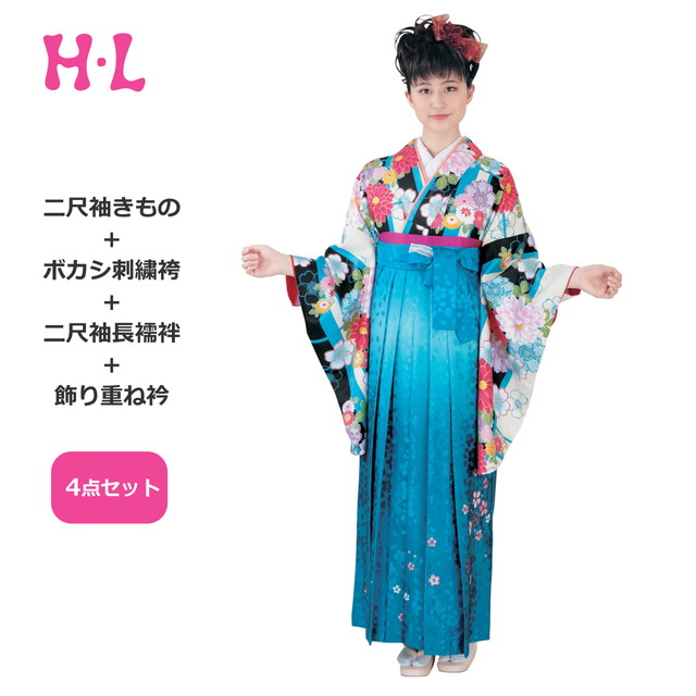 二尺袖・はかま4点仕掛ける(二尺袖きもの・はかま・長襦袢・重ね衿) ブランド名 H・L（アッシュエル） No.08