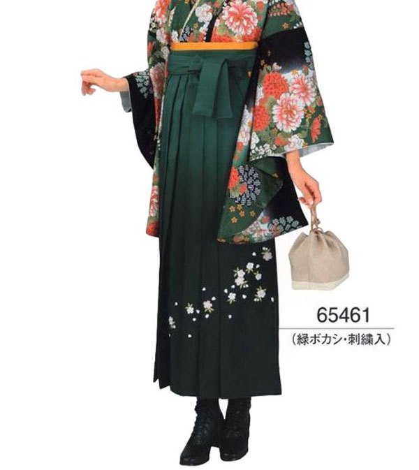 女子袴 （刺繍入り） 緑ボカシ (あんどん型仕立) 地色の濃淡ぼかしに流れるような小花の刺繍で飾りました。華やかな印象の袴です。