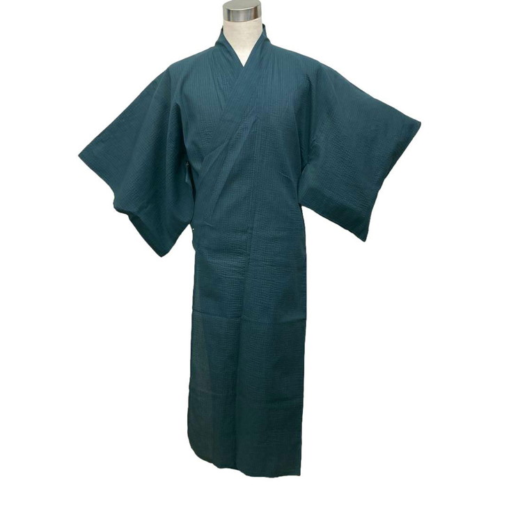 メンズ浴衣 しじら織 綿100% 仕立上がり品 darkグリーン系 M/L/LL 各1点ご奉仕品です。