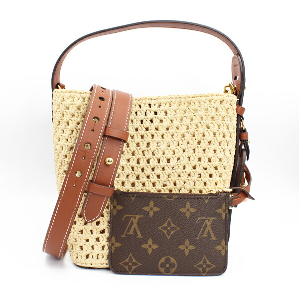 LOUIS VUITTON ルイヴィトン 2WAY オールはたご屋BB ラフィア×子ウシ ラフィア ベージュ×赤銅色 ゴールド金具 M14217【貨物輸送無料】【中古】【D4763】