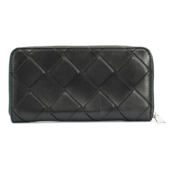 BOTTEGA VENETA ボッテガヴェネタ 紙入れ イントレチャートジップアラウンドウォレット カーフスキン 黒いこと しろがね色金具【貨物輸送無料】【中古】【D5673】