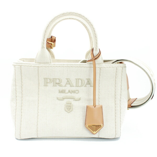 PRADA プラダ ジャルディニエール スモール リネンブレンド ハンドバッグ コットン /リネン ナチュラル ゴールド金具 1BG464【送料無料】【中古】【D5923】