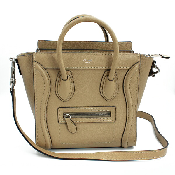 CELINE セリーヌ バッグ ラゲージ ナノ ショッパー ドラムドカーフスキン ベージュ系 シルバー金具【送料無料】【中古】【D6247】
