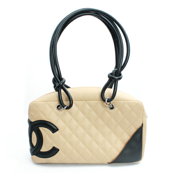 CHANEL シャネル バッグ カンボンラインボウリングバッグ レザー ベージュ×ブラック シルバー金具 A25171【送料無料】【中古】【D6508】