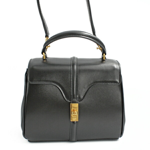CELINE セリーヌ 御徒面子 ミニ 16（セーズ） サテンドカーフスキン 黒いこと ゴールド金具 197983BEY.38NO【貨物輸送無料】【中古】【D6719】
