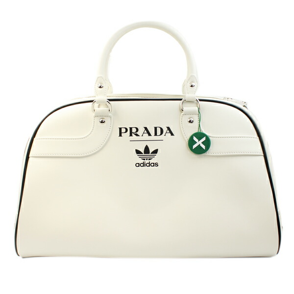 PRADA プラダ 御徒面子 アディダスコラボ ボストンバッグ シティカーフ 白いこと/黒いこと しろがね色金具 1BB074【貨物輸送無料】【中古】【D7072】