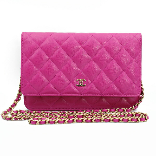 CHANEL シャネル 札入れ 古典派音楽 チェーンウォレット キャビア素はだ サクラ色 ゴールド金具 AP0250【貨物輸送無料】【中古】【D7178】