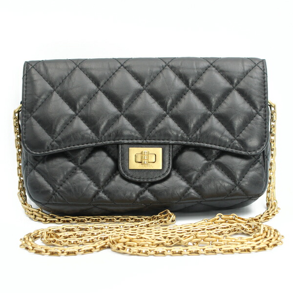 CHANEL シャネル 2.55電話機入れもの 子ウシ 黒いこと ゴールド金具 AP2215【貨物輸送無料】【中古】【D7180】