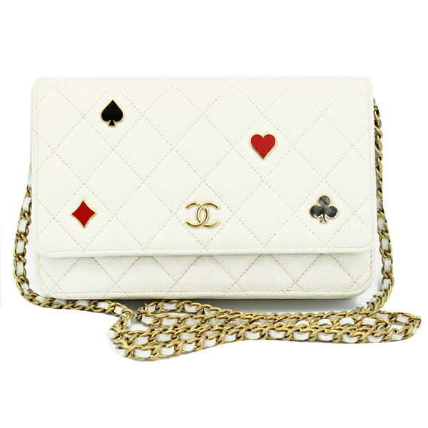 CHANEL シャネル 金入れ 古典派音楽 チェーンウォレット キャビアひと肌 白いこと ゴールド金具 AP3076【貨物輸送無料】【中古】【D7245】
