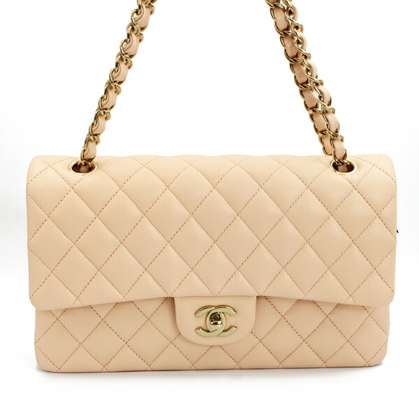 CHANEL シャネル バッグ マトラッセ25ダブルフラップチェーンショルダー キャビアスキン ピンクベージュ系 ゴールド金具 A01112【送料無料】【中古】【D7323】｜トキオカ