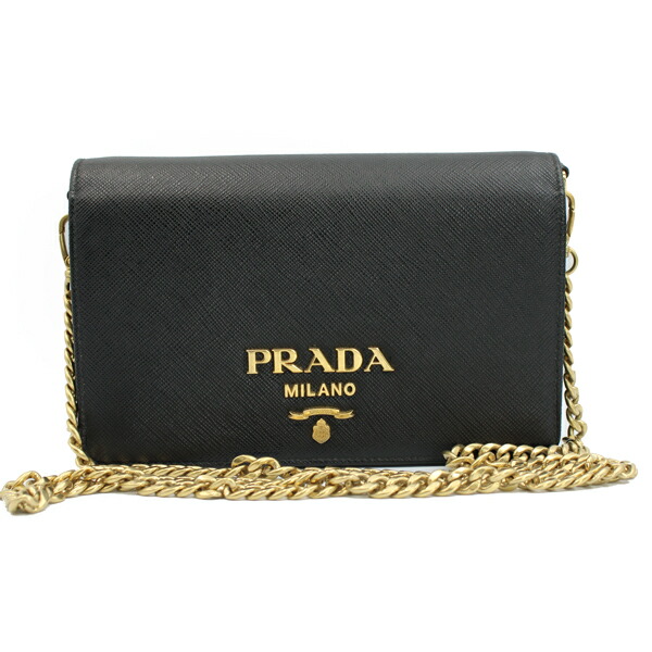 PRADA プラダ 御徒面子 サフィアーノ チェーンウォレット サフィアーノレザー 黒いこと ゴールド金具【貨物輸送無料】【中古】【D7386】
