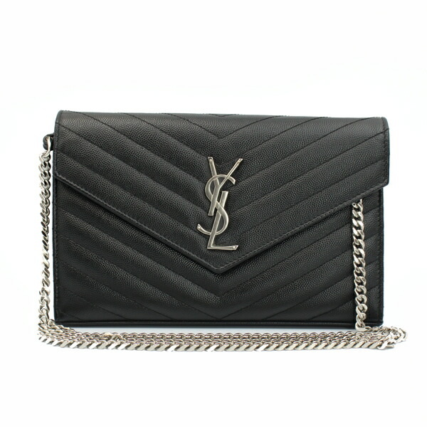 SAINT LAURENT  サンローラン 御徒面子 エンヴェロープチェーンウォレット キャビア素はだ 黒いこと しろがね色金具【貨物輸送無料】【中古】【D7408】