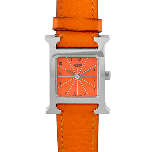 エルメス HERMES Hご覧なさる HH1.210 SS×革 30mm×21粍 オレンジ色文字記号盤 【貨物輸送無料】【中古】【レディース】【ウオッチ】