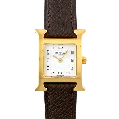 エルメス HERMES Hご覧なさる HH1.201 GP×革 30mm×21粍 白いこと文字記号盤 【貨物輸送無料】【中古】【レディース】【ウオッチ】