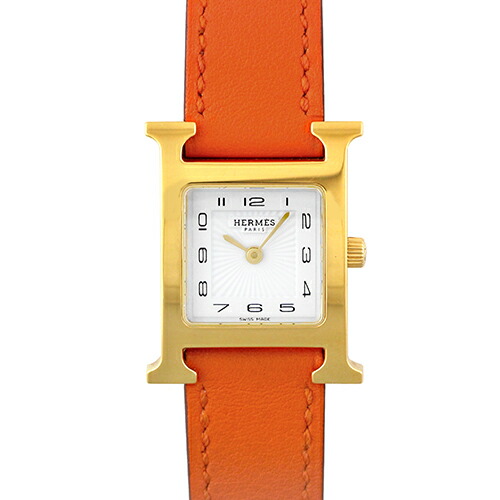 エルメス HERMES Hご覧なさる HH1.201 GP×革 30mm×21粍 白いこと文字記号盤 【貨物輸送無料】【中古】【レディース】【ウオッチ】