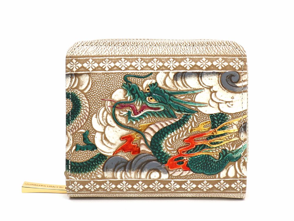 【可愛い皮革伝統工芸 文庫屋「大関」】龍＜緑＞ 二つ折りファスナーミニ財布