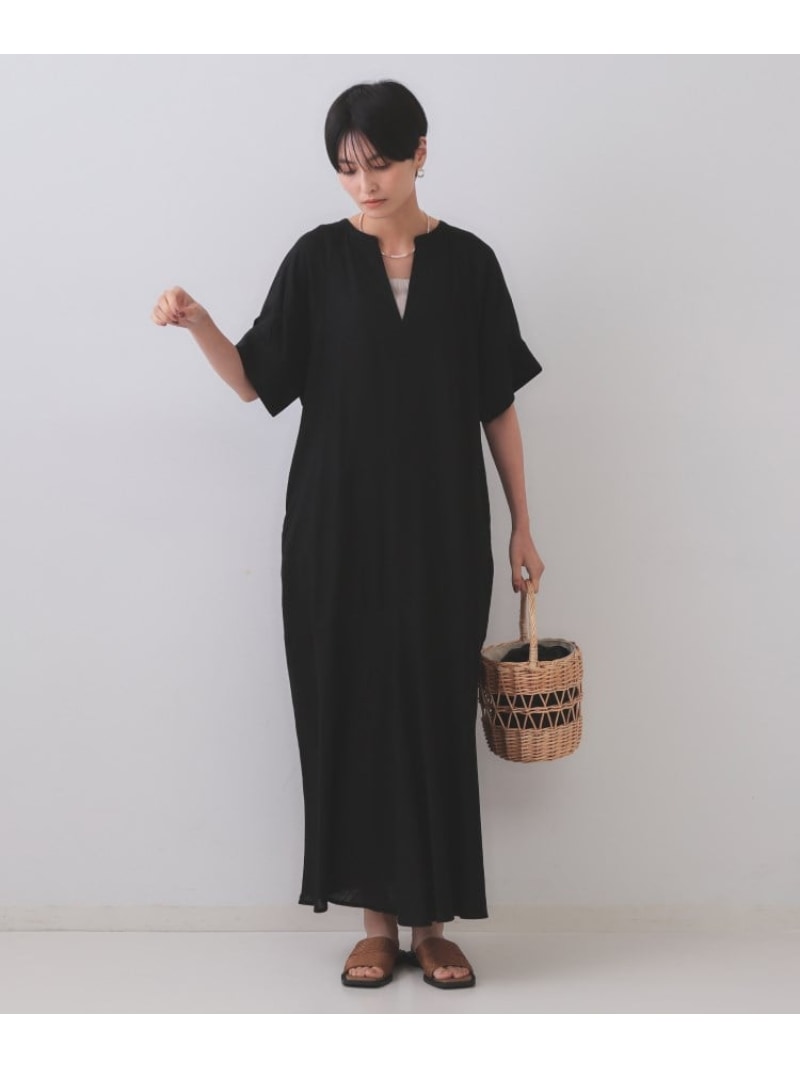 レーヨン麻キーネックワンピース【洗える】 OPAQUE.CLIP オペークドットクリップ ワンピース・ドレス その他のワンピース・ドレス ブラック グリーン ブラウン【送料無料】[ Fashion]