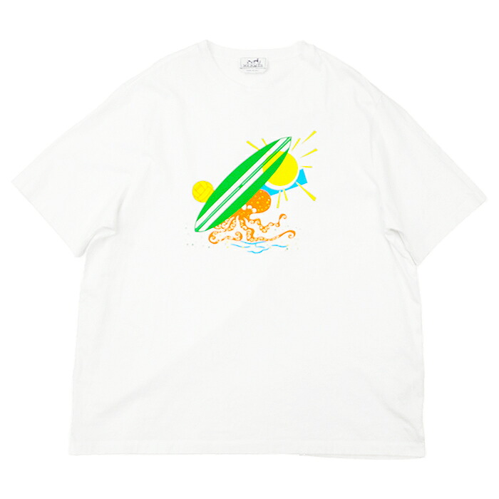 【美品】HERMES エルメス Tシャツ 2023SS Poulp'Watch 半袖 サーフィン ボード オクトパス タコ 太陽 プリント クルーネック コットン100％ トップス メンズ サイズ XXL ホワイト マルチカラー イタリア製【中古】
