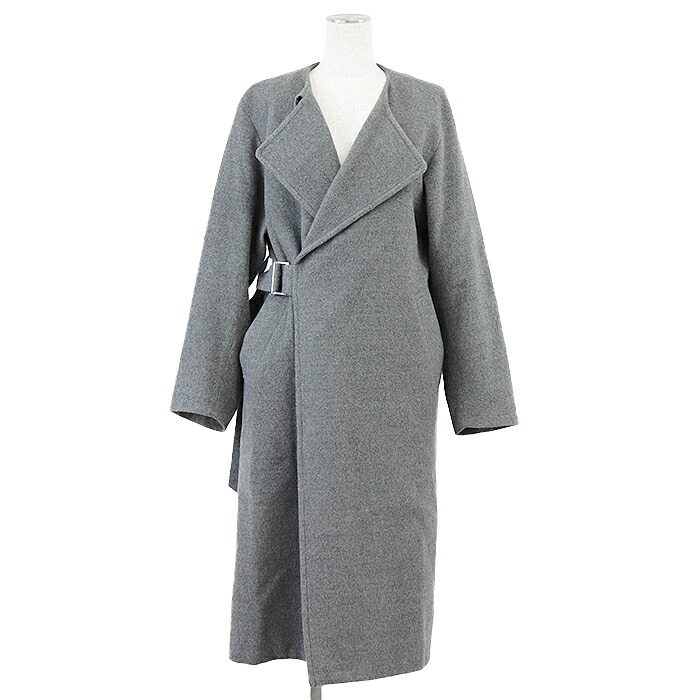 SALE 【美品】SANYOCOAT サンヨーコート コート タイロッケン ノーカラー ウール混 サイドベンツ 無地 アウター ベルト付属 レディース サイズ 36 グレー 灰色 日本製 T1B38-273-08【中古】