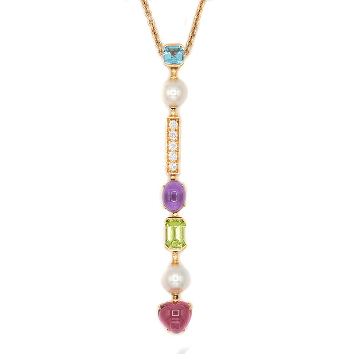 【美品】BVLGARI ブルガリ アレグラ マルチストーン ネックレス ダイヤモンド パール イエローゴールド 18金 K18YG Au750 ジュエリー レディース チェーン全長45.0cm 箱・ケース付属【中古】
