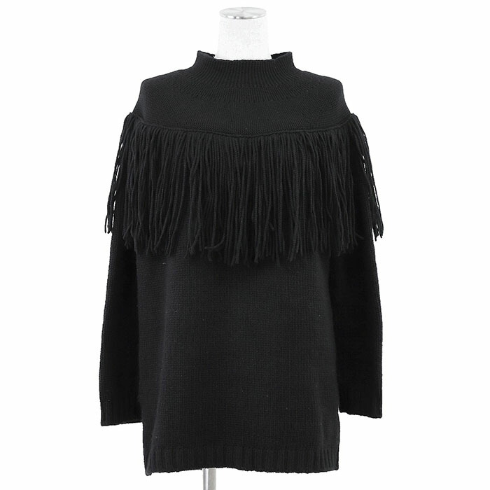 【美品】Christian Dior クリスチャン クリスチャンディオール 編み物 プルオーバー モックネック フリンジ 真っただ中ゲージ カシミール100％ ティーシャツ 長袖 レディース 大きさ 36 黒いこと 黒 イタリア共和国製【中古】