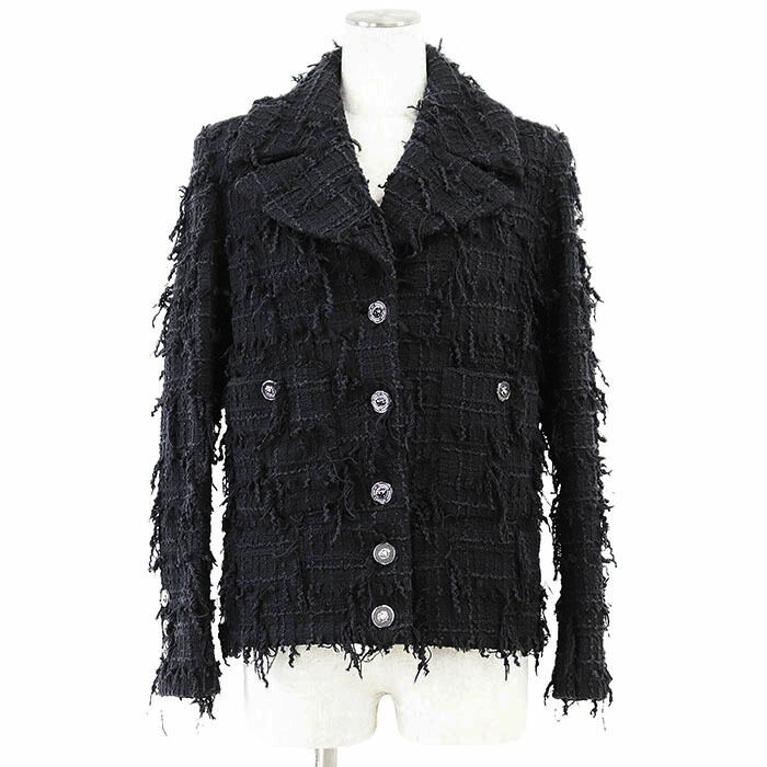 【極美品】CHANEL シャネル 上衣 ツィード P72388 2022年製 ロゴタイプ 百獣の王上端 名取り草 フリンジ チェーン店 綿織物 LBD アウター レディース 大きさ 36 ダークネイビー 黒いこと 濃紺色 黒 フランス共和国製 ヴィルジニー・ヴィアール期【中古】