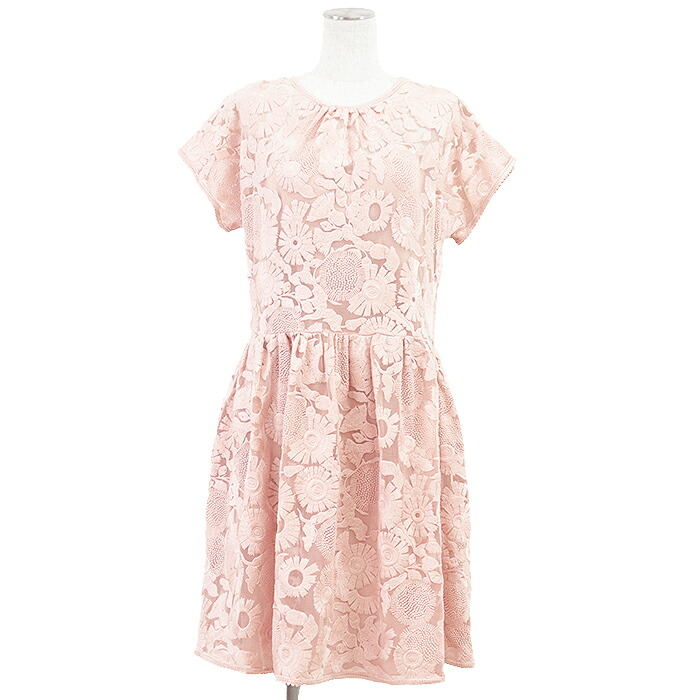 【極美品】RED VALENTINO レッドヴァレンティノ ワンピース エンブロイダリー × チュール フローラル 花柄 フレンチスリーブ ひざ丈 ドレス インナー付 レディース サイズ 44 ピンクベージュ 総柄【中古】