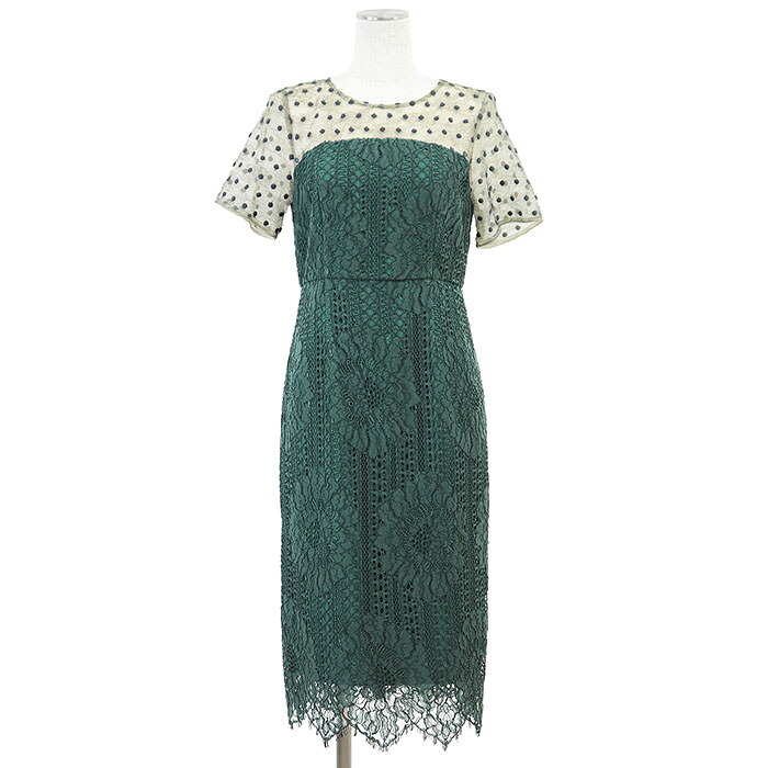 【新品同様】Diagram GRACE CONTINENTAL ダイアグラム グレース コンチネンタル ワンピース レース ドット 花柄 刺繍 コンビネーション シアー 切り替え チュール 半袖 ひざ丈 ドレス レディース サイズ 36 グリーン 緑 3833-5032【中古】｜オパール店