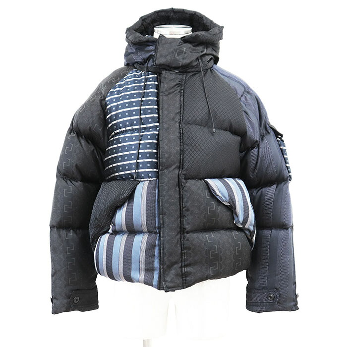 SALE 【美品】CLAMP クランプ ダウン ジャケット シルク100%ジャガード ECWCS JACKET-29 EXTENDED COLD WEATHER CLOTHING SYSTEM フード 取外可 2WAY クレイジーパターン ストライプ ジオメトリック パッチワーク パーカー メンズ サイズ 1 ブラック ネイビー 黒 紺【中古】
