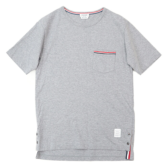 【SALE】THOM BROWNE トムブラウン Tシャツ ポケット サイドスリット シグネチャー トリコロールライン コットン100％ ポケT プルオーバー クルーネック ショートスリーブ 半袖 丸首 カットソー トップス メンズ サイズ L グレー 灰色 日本製【中古】