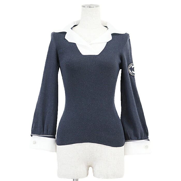 【美品】CHANEL シャネル トップ 08C P32410 編み物 名書き ロゴタイプ 刺しゅう COCOLINE見澄ます 名取り草 綿織物混 長袖 ティーシャツ トップス レディース 大きさ 38 米国海軍 白いこと 紺 白 イタリア製 長い巻き毛・ラガーフェルド期【中古】