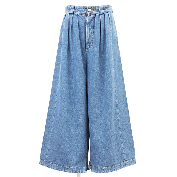 Maison Margiela 住みか マルジェラ ズボン下 乳母車 ジーンズ 2022年製 ワイドレッグ タック 裾細長い切口 ボトムス レディース 大きさ 38 インディゴ イタリア共和国製【中古】