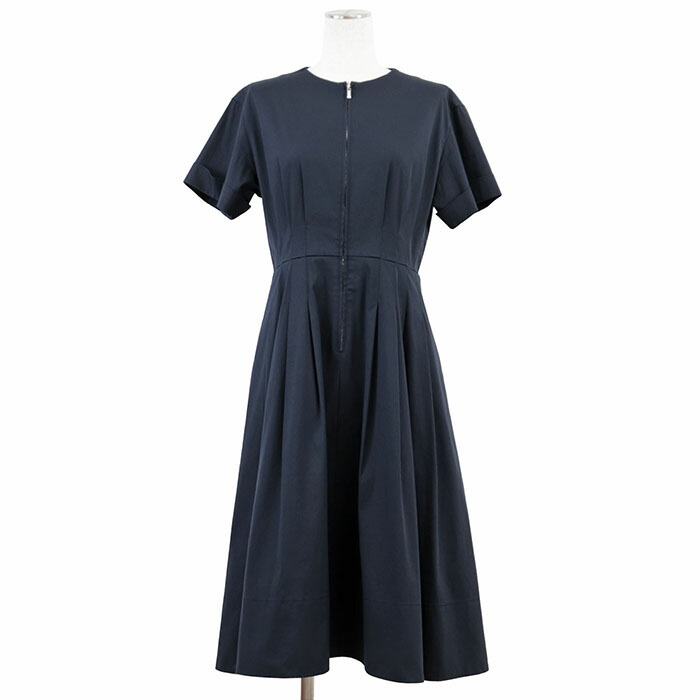 【美品】FOXEY フォクシー ワンピース 半袖 41451 ロゴ タック フレア ジップアップ ストレッチ ラウンドネック ショートスリーブ ミディ丈 ドレス レディース サイズ 40 ダークネイビー 濃紺 日本製【中古】