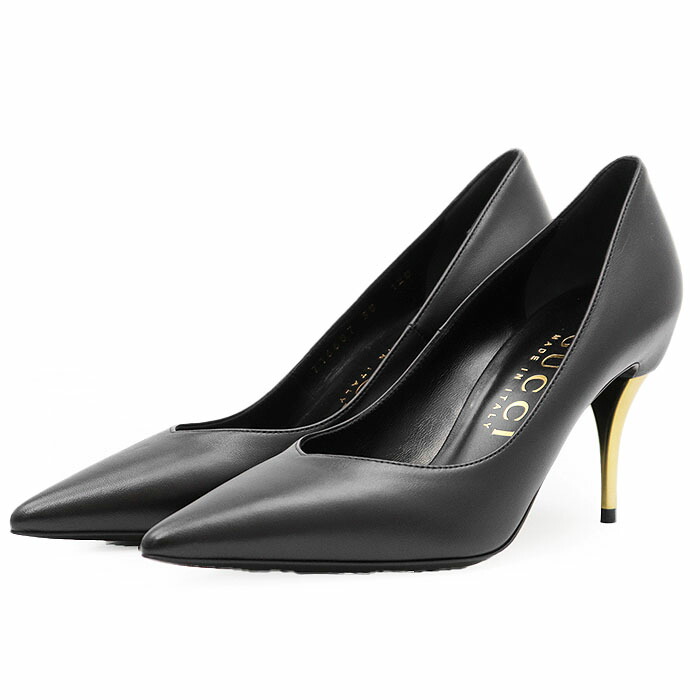 【極美品】GUCCI グッチ パンプス NAPPA CHARLOTTE NERO ロゴ ゴールドプレート レザー ポインテッドトゥ ピンヒール 無地 シューズ 箱/袋/トップリフト付属 レディース サイズ 38 ブラック 黒 イタリア製 716687【中古】