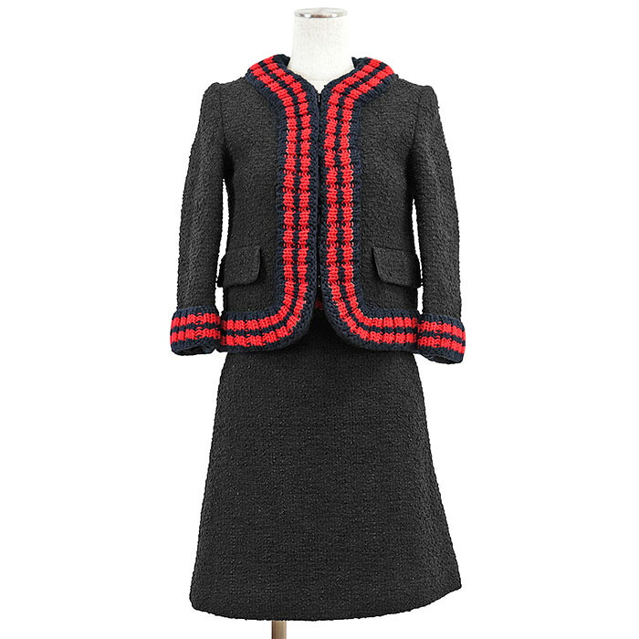【極美品】GUCCI グッチ セットアップ ツィード x 編み物 シェリー酒伝達ルート ハート型 刺しゅう 刺しゅう シュロの葉柄 裏打ち 否色つや 上衣 ロゴタイプ ジップ スコート レディース 大きさ 36 黒いこと 米国海軍 赤いこと 黒 紺 赤 イタリア共和国製【中古】