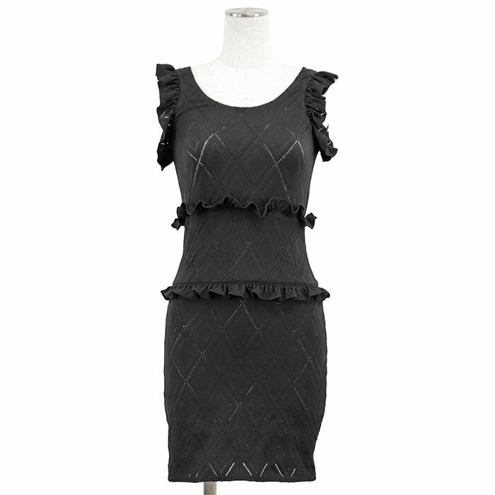 【極美品】CHANEL シャネル ワンピース ニット P71339 2021 PRE FALL COCOマーク ロゴ チャーム ダイヤ柄 ジオメトリック ストレッチ ジャガード フリル ノースリーブ プルオーバー ボディコンシャス ドレス レディース サイズ 36 ブラック 黒 イタリア製【中古】|オパール店