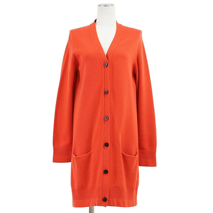 【美品】HERMES エルメス ロングジレー 編み物 カシミール100％ 真っただ中ゲージ Vのど首 トップス レディース 大いさ 38 オレンジ色赤いこと 38 連合王国製【中古】