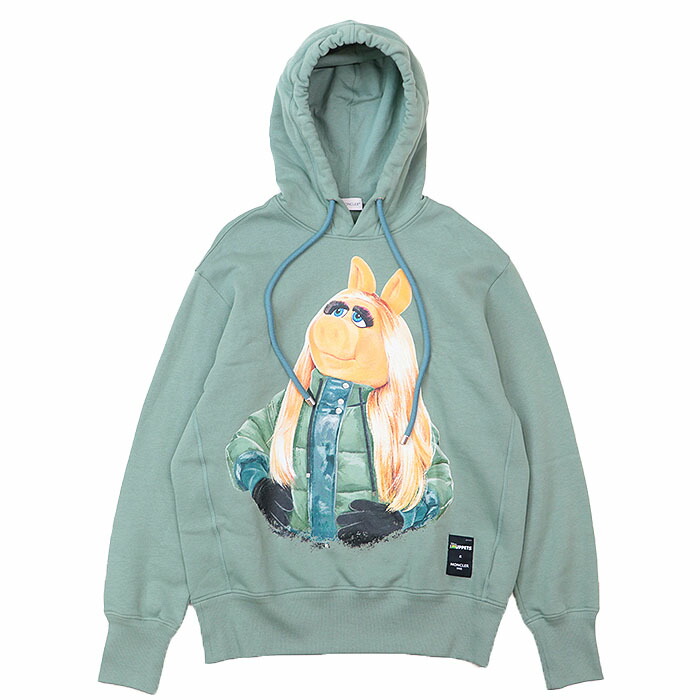 【極美品】MONCLER GENIUS 1952 x Disney THE MUPPETS ディズニー ザ・マペッツ コラボレーション 2020年製 スウェットパーカー Miss Piggy プリント フーディー プルオーバー ロングスリーブ 長袖 トップス タグ付属 メンズ サイズ S グリーン系 緑系 アルバニア製【中古】