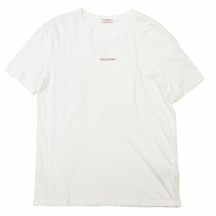 SALE【美品】VALENTINO ヴァレンチノ 半袖Ｔシャツ センターロゴ プリント ワンポイント コットン100% カットソー ハーフスリーブ クルーネック 丸首 トップス メンズ サイズ XL ホワイト レッド 白 赤 イタリア製【中古】