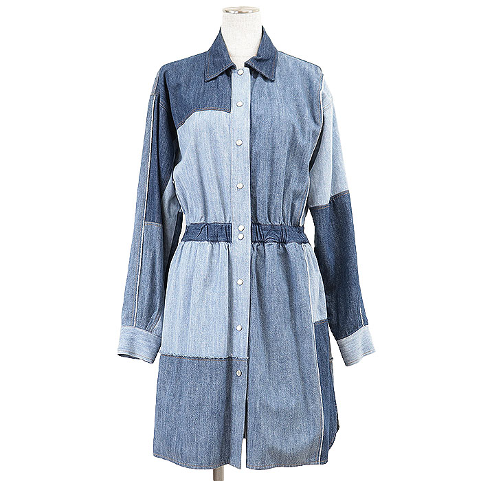 【美品】DOLCE&GABBANA ドルチェアンドガッバーナ デニムシャツワンピース パッチワーク ロゴ パッチ コットン100% ギャザー ドレス レディース サイズ 38 インディゴ 紺 イタリア製【中古】｜オパール店