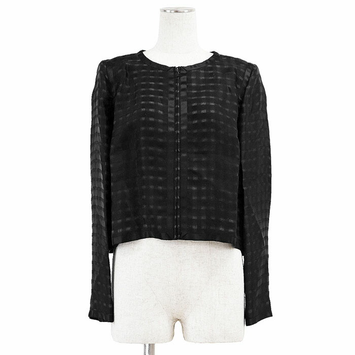 【極美品】CHANEL シャネル ジャケット ジップアップ 09P P35576 2009年製 COCOマーク ロゴ チャーム シルク100% シアー チェック柄 グログラントリム クルーネック 丸首 アウター レディース サイズ 42 ブラック 黒 フランス製 カール・ラガーフェルド期【中古】