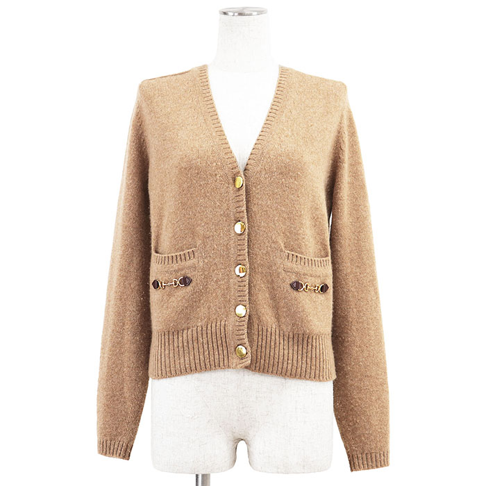 GUCCI グッチ ジレー 配管ビット 編み物 カシミール100% ロゴタイプ 金名取り草 真っただ中ゲージ なめし革 トップス レディース 大いさ XS 駱駝 イタリア製 628412【中古】