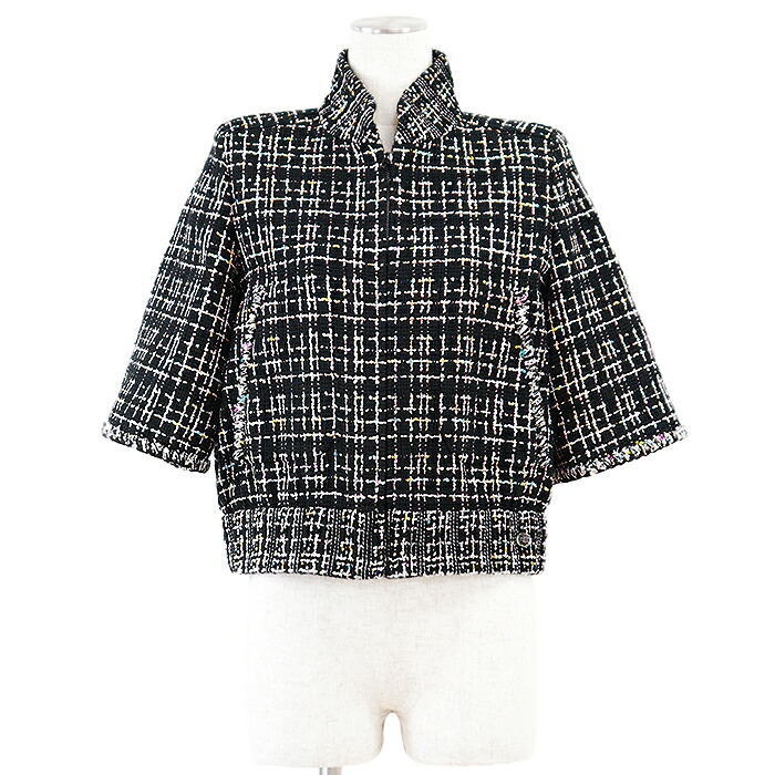 【新品同様】CHANEL シャネル クロップドジャケット P61326 ジップアップ ツイード シルクブレンド ロゴ COCOマーク ジップ フラワー チャーム ハーフスリーブ アウター レディース サイズ 36 ブラック マルチカラー 黒 フランス製 カール・ラガーフェルド期【中古】