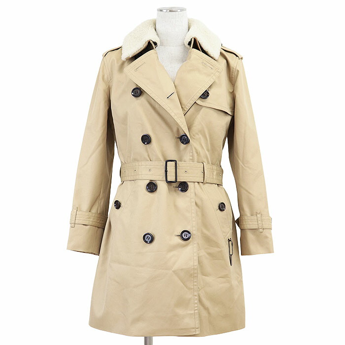SALE【新品同様】COACH コーチ トレンチコート TRENCH W WOOL LINER ロゴ チャーム ベルテッド エポレット アウター タグ/ボアカラー/ライナー/ベルト付属 レディース サイズ XS ベージュ タイ製【中古】