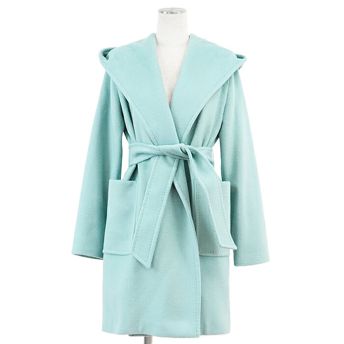MaxMara マックスマーラ ガウンコート RIALTO リアルト フーデッド メルトン キャメル100％ シグネチャー ロゴ フルライニング 無地 アウター ベルト付属 レディース サイズ 38 ミントブルー イタリア製【中古】｜オパール店