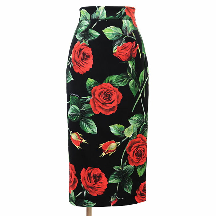 【美品】DOLCE&GABBANA ドルチェアンドガッバーナ タイトスカート ロゴ ローズ 薔薇 バラ柄 プリント スムースジャージー ストレッチ ポリエステル100% ボトムス レディース サイズ 38 ブラック 黒 イタリア製【中古】 28,600円