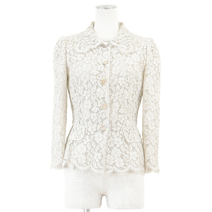 【SALE】DOLCE&GABBANA ドルチェアンドガッバーナ ジャケット シアー フラワー フルレース × チュール スカラップ スナップボタン コットン混 アウター レディース サイズ 38 アイボリー イタリア製【中古】 28,116円