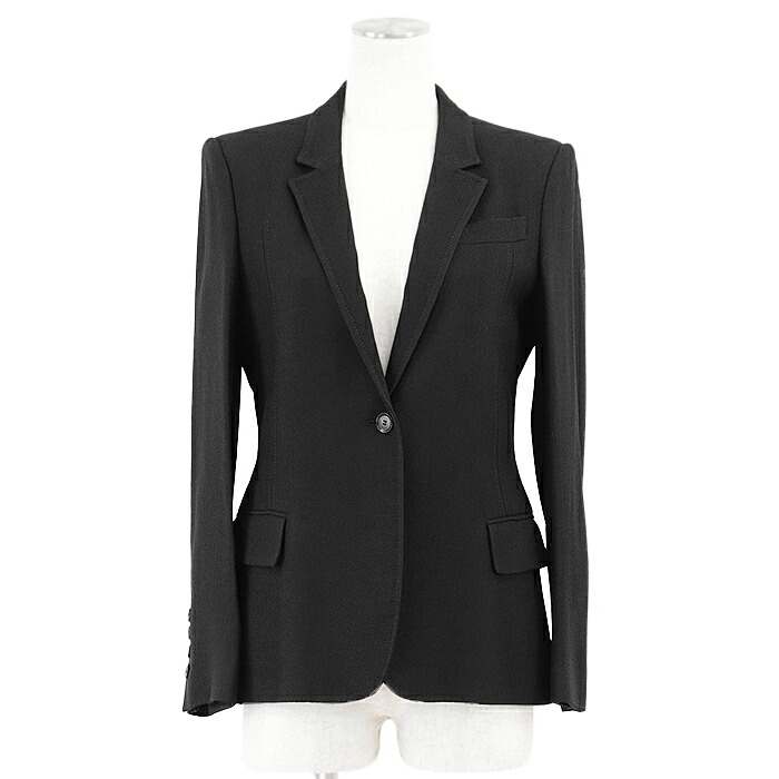 【SALE】GUCCI グッチ テーラードジャケット ノッチドラペル 1B 開き見せ クレープ レーヨン100% ストレッチライニング シグネチャー ロゴ ボタン アウター レディース サイズ 40 ブラック 黒 イタリア製【中古】｜オパール店