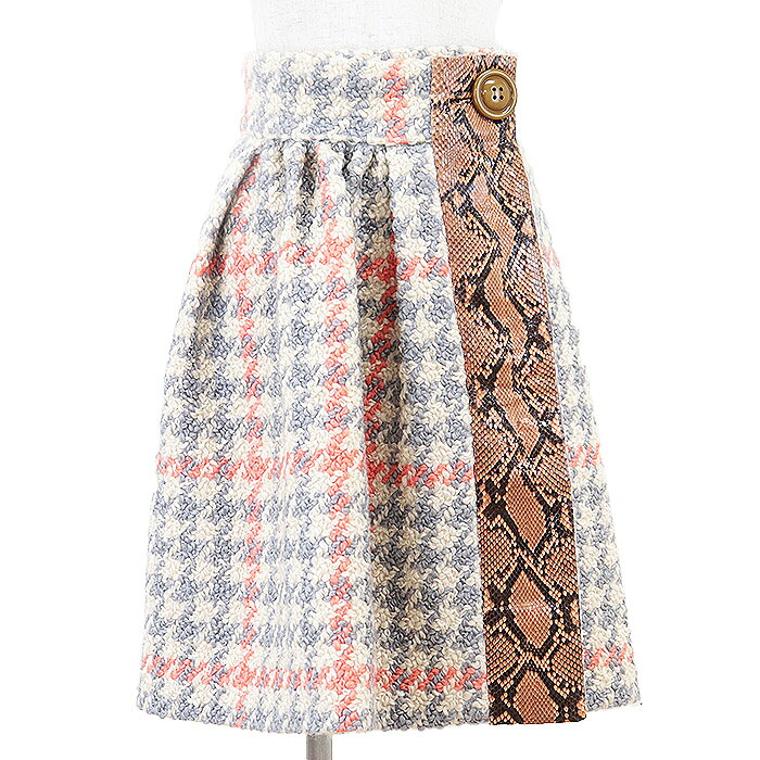 SALE【極美品】MiuMiu ミュウミュウ ラップスカート ニット バージンウール × コットン パイソン レザー パイピング ハウンドトゥース 千鳥格子柄 ボトムス レディース サイズ 38 マルチカラー イタリア製【中古】 29,304円