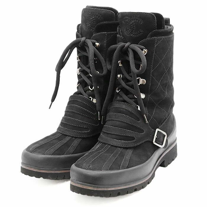 シャネル　スノーブーツ　37 CHANEL boots Shearling Nylon COCO Mark Boa Snow #37 Noir (Black